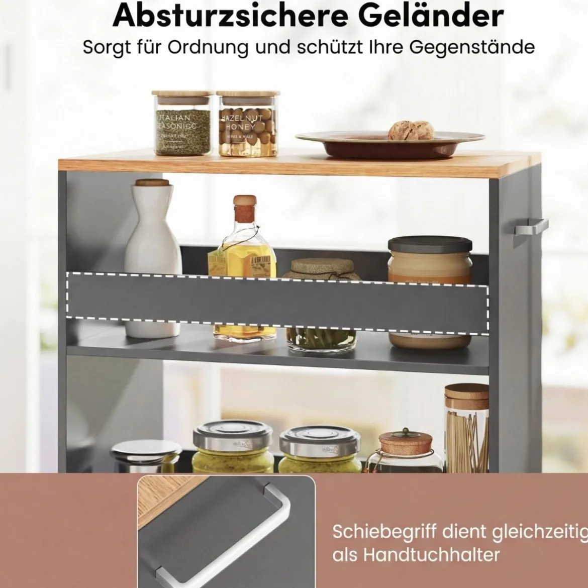 30cm Breit Nischenwagen mit Griff & Geländern 4 Etagen Küchenwagen Nischenregal Grau