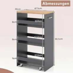 30cm Breit Nischenwagen mit Griff & Geländern 4 Etagen Küchenwagen Nischenregal Grau