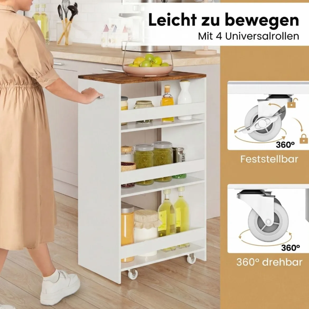 30cm Breit Nischenwagen mit Griff & Geländern 4 Etagen Küchenwagen Nischenregal Weiß