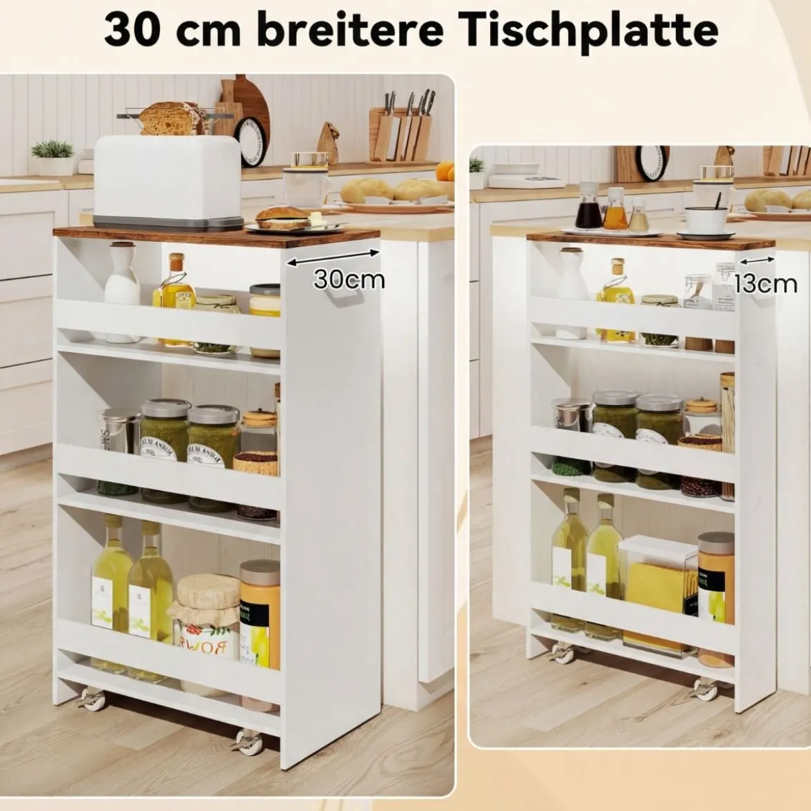 30cm Breit Nischenwagen mit Griff & Geländern 4 Etagen Küchenwagen Nischenregal Weiß