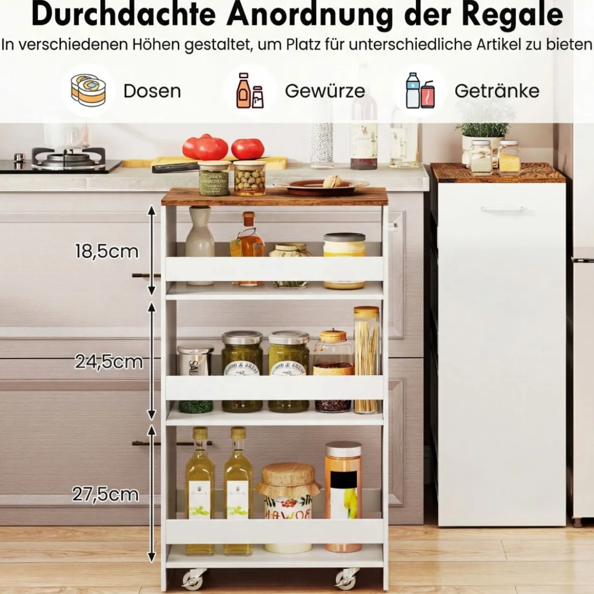 30cm Breit Nischenwagen mit Griff & Geländern 4 Etagen Küchenwagen Nischenregal Weiß