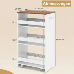 30cm Breit Nischenwagen mit Griff & Geländern 4 Etagen Küchenwagen Nischenregal Weiß