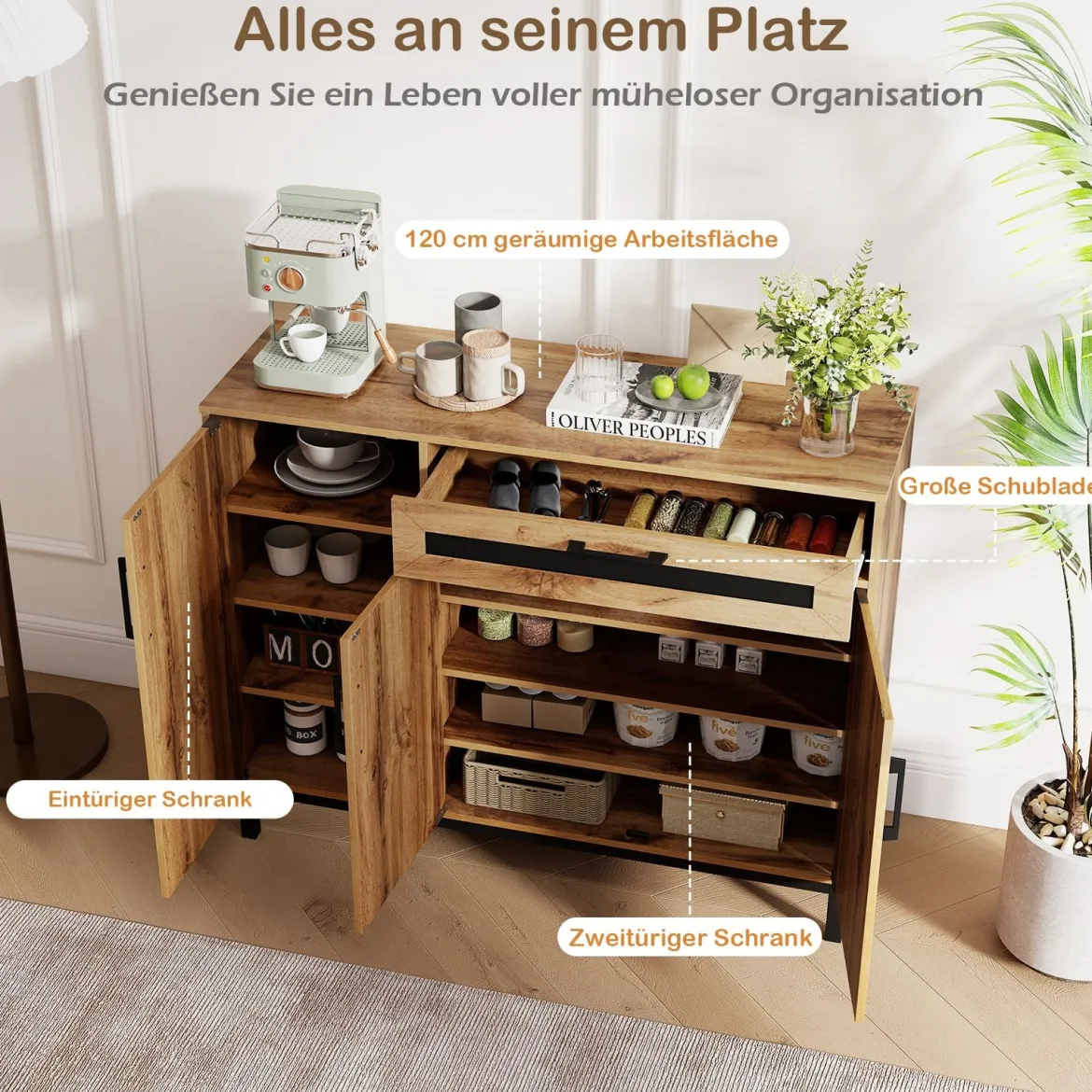 120 cm Buffetschrank Sideboard Beistellschrank Holz großes Bauernhaus Aufbewahrungsschrank Natur