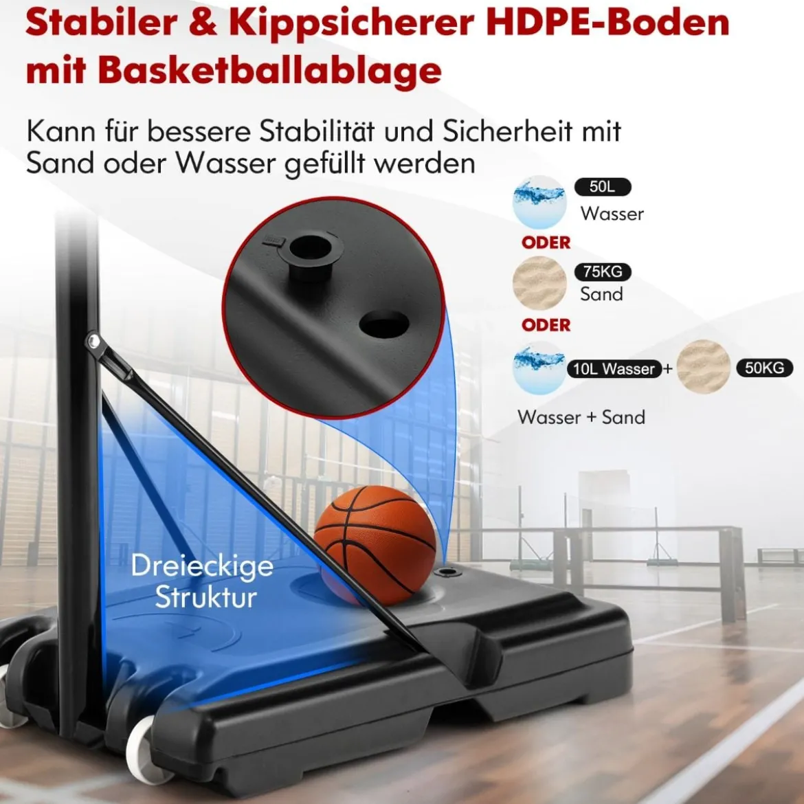 130 cm - 305 cm Höhenverstellbarer Basketballkorb mit Ständer & 2 Rädern Korbständer Schwarz