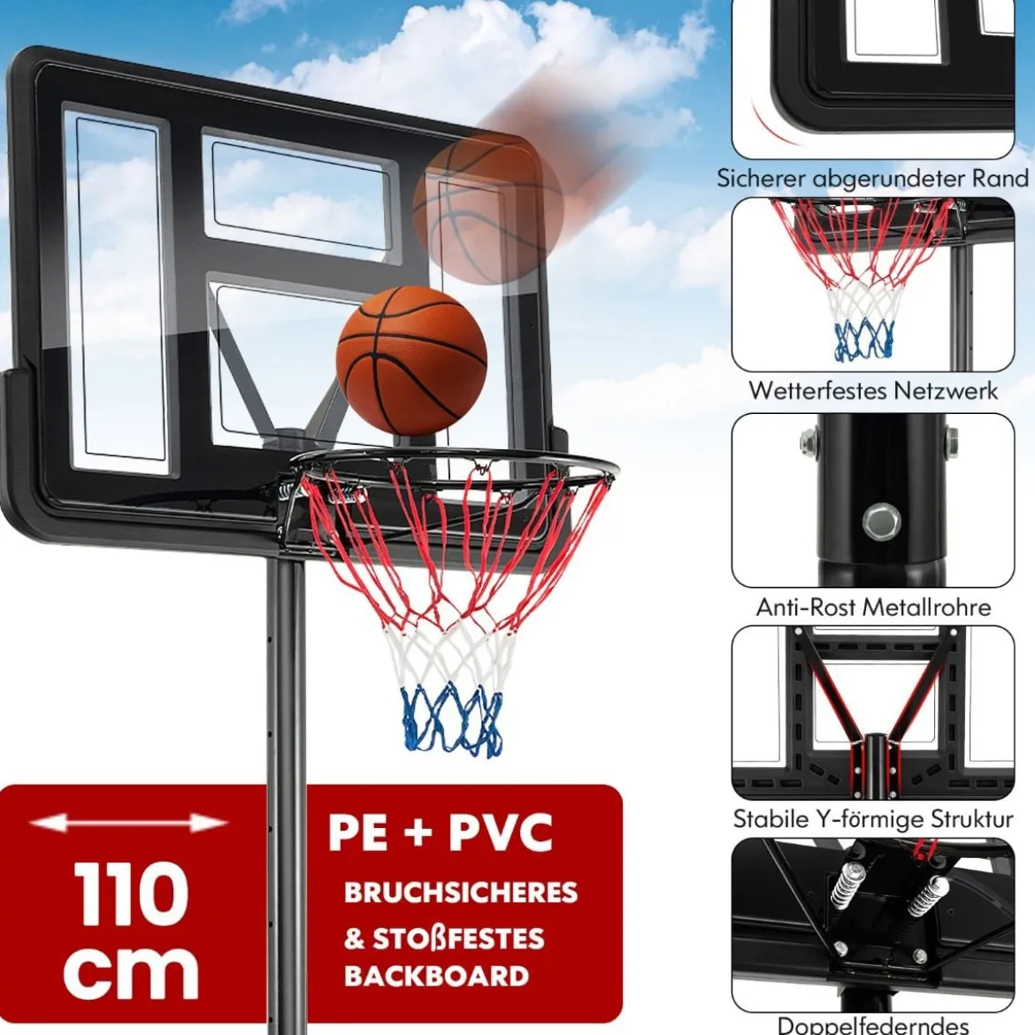 130 cm - 305 cm Höhenverstellbarer Basketballkorb mit Ständer & 2 Rädern Korbständer Schwarz