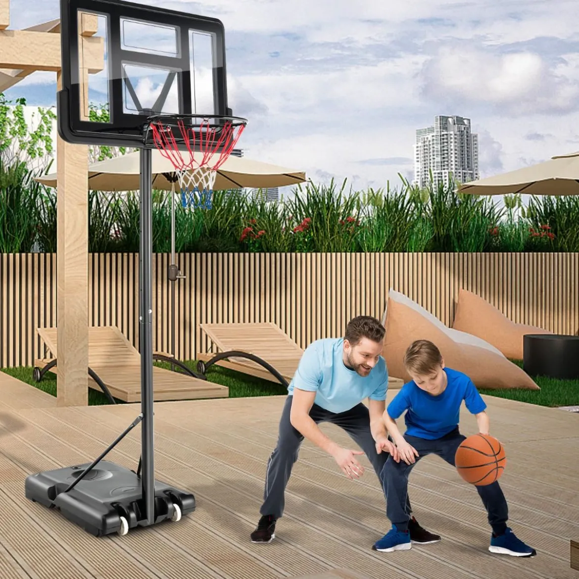130 cm - 305 cm Höhenverstellbarer Basketballkorb mit Ständer & 2 Rädern Korbständer Schwarz