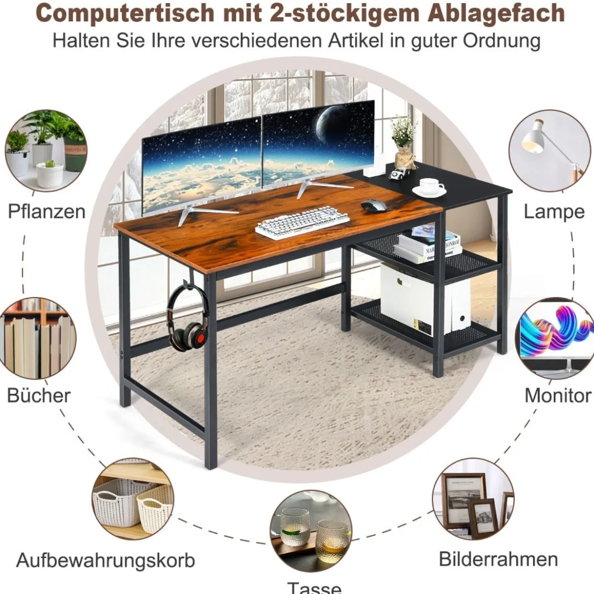 150 cm Computertisch mit Herausnehmbaren Ablagefächern & Kopfhörerhaken Rustikal Braun