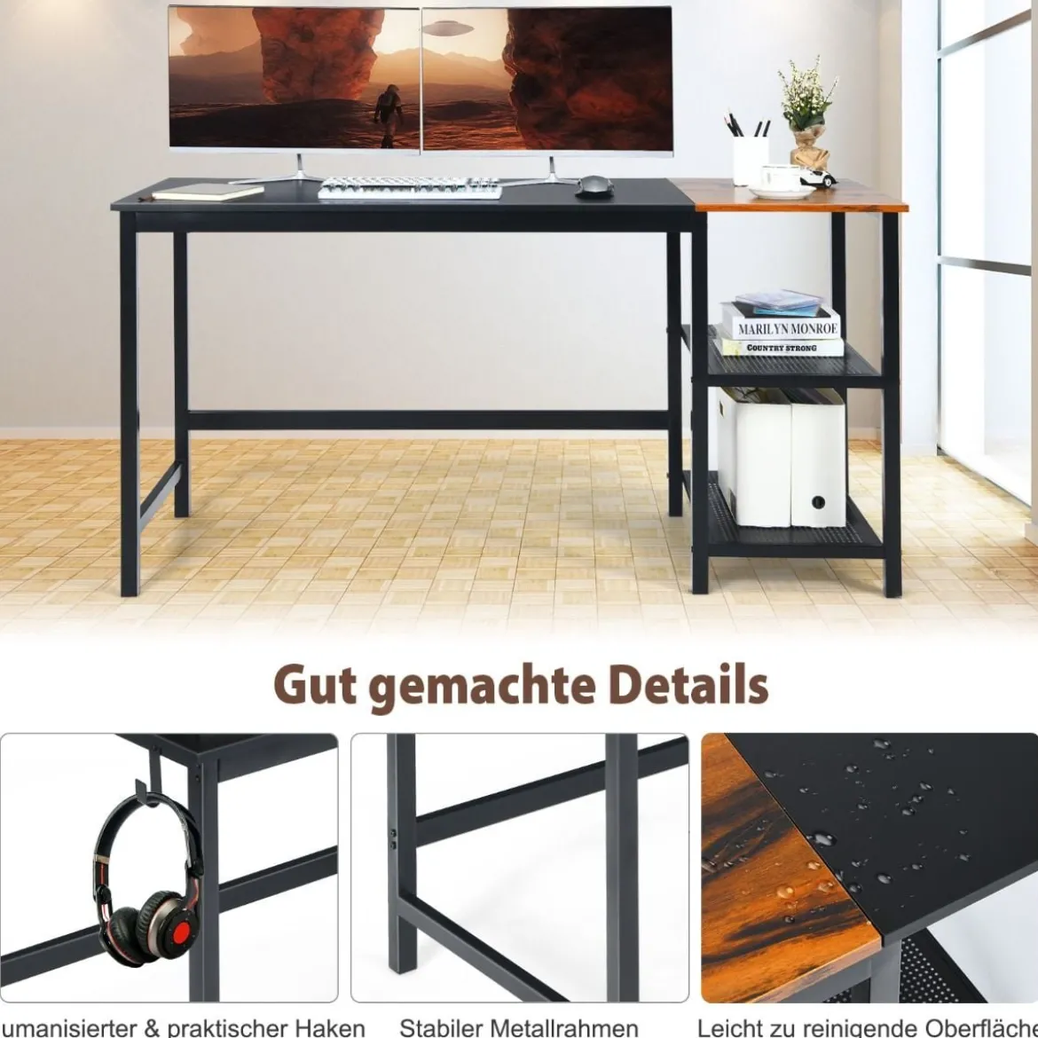 150 cm Computertisch mit Herausnehmbaren Ablagefächern & Kopfhörerhaken Schwarz