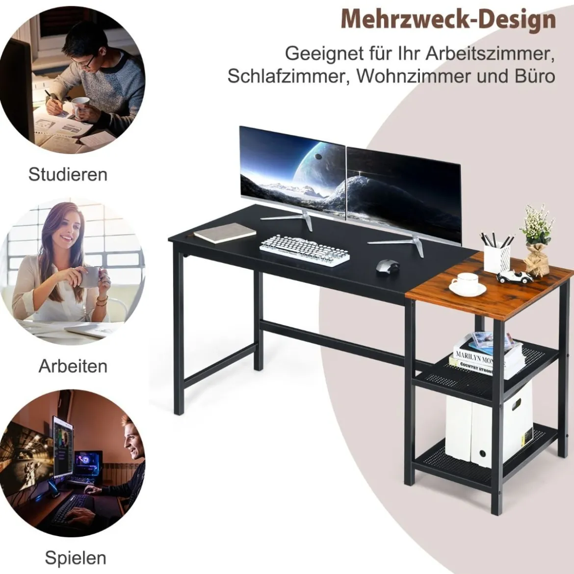 150 cm Computertisch mit Herausnehmbaren Ablagefächern & Kopfhörerhaken Schwarz