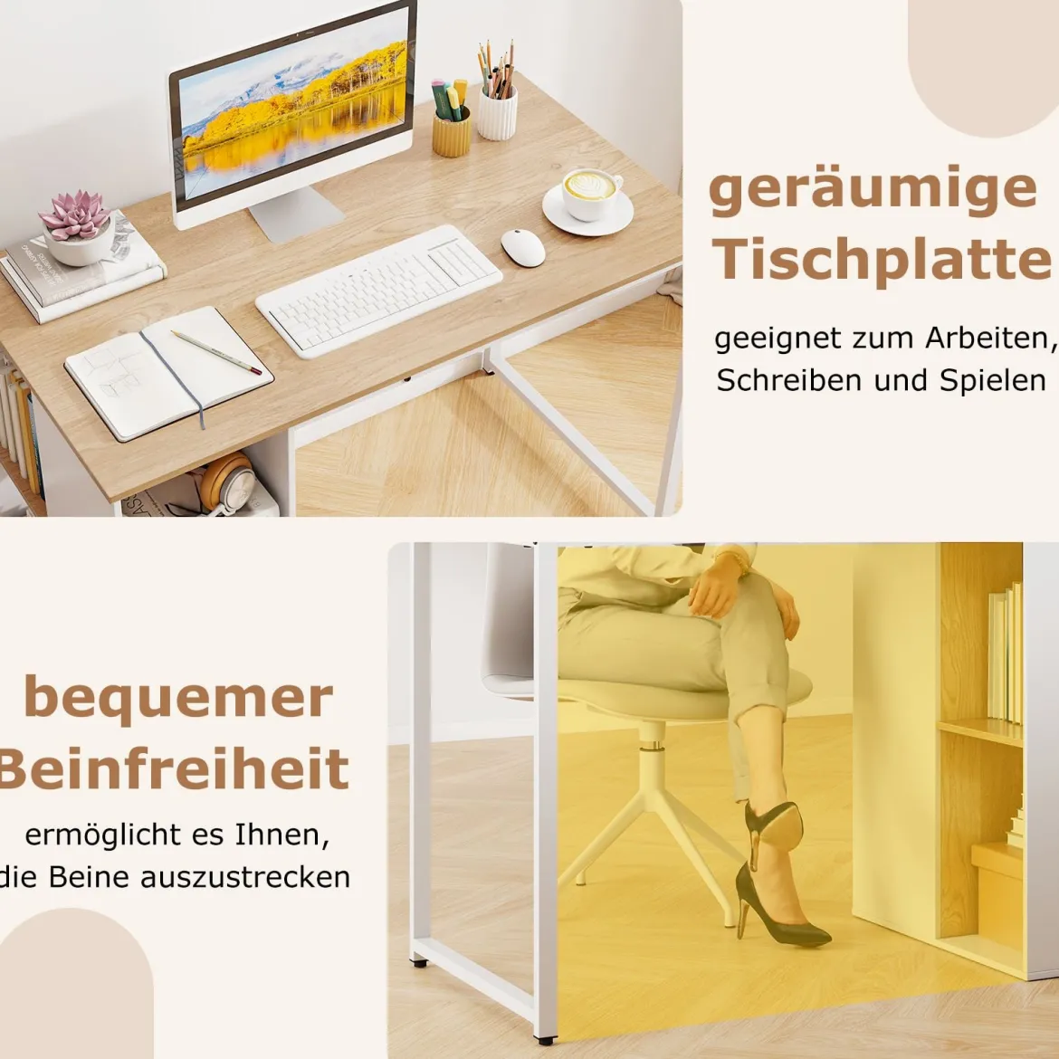 115 cm Computertisch moderner Home-Office-Schreibtisch mit 5 Aufbewahrungsfächern Schreibtisch Natur