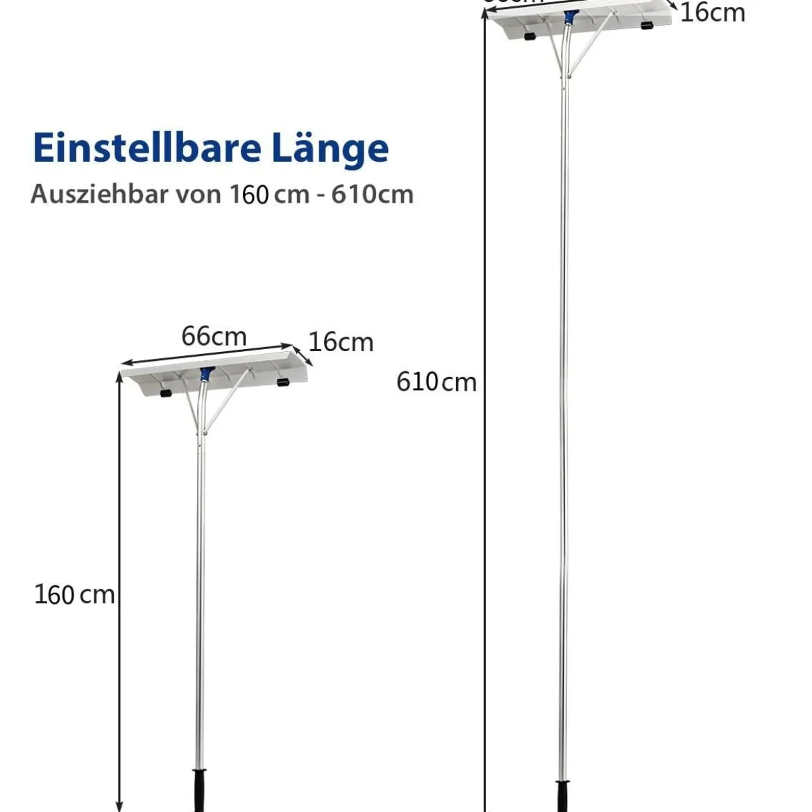 160 - 610 cm Dach Schneeräumer aus Alu + TPE mit Rollen und ausziehbarem Griff Schneeschaufel Silber