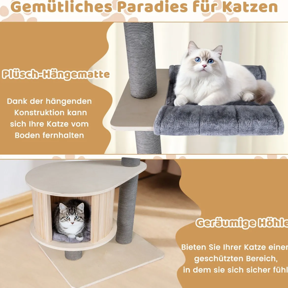 236-271 cm Deckenhoch Kratzbaum mit Hängematte & Plattform & Höhle 5-stöckiger Katzenbaum Grau