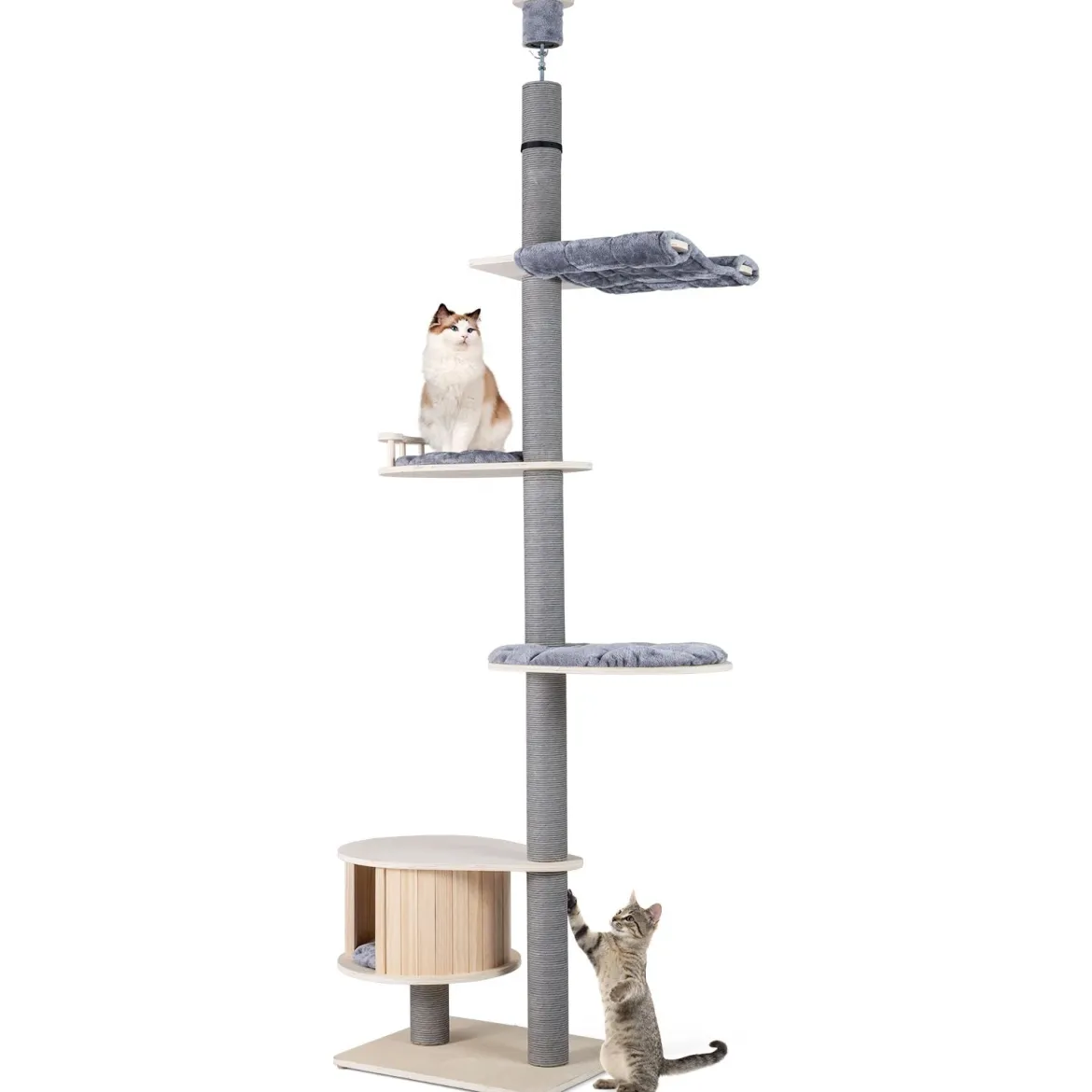 236-271 cm Deckenhoch Kratzbaum mit Hängematte & Plattform & Höhle 5-stöckiger Katzenbaum Grau
