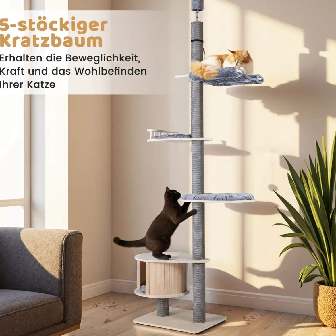 236-271 cm Deckenhoch Kratzbaum mit Hängematte & Plattform & Höhle 5-stöckiger Katzenbaum Grau