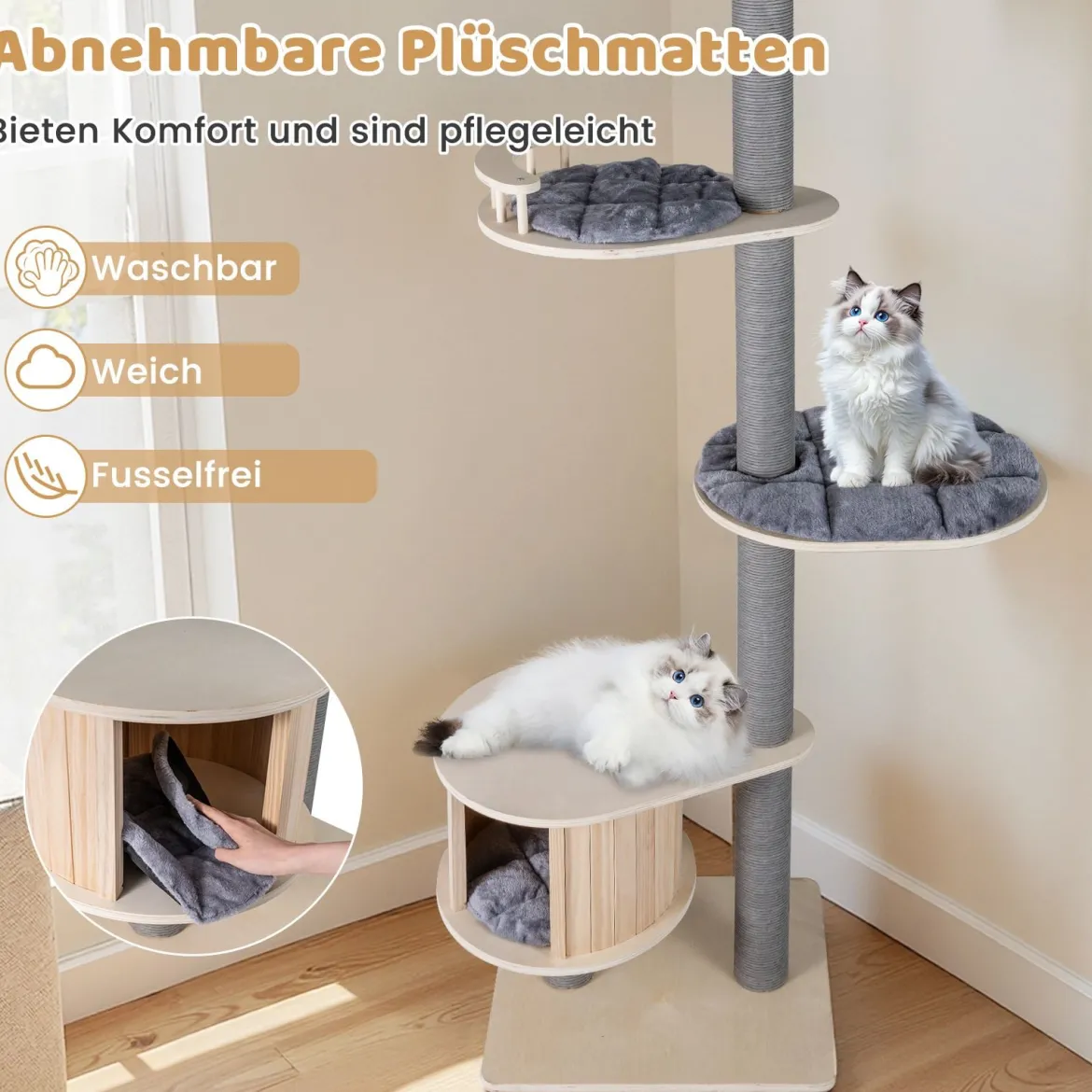 236-271 cm Deckenhoch Kratzbaum mit Hängematte & Plattform & Höhle 5-stöckiger Katzenbaum Grau