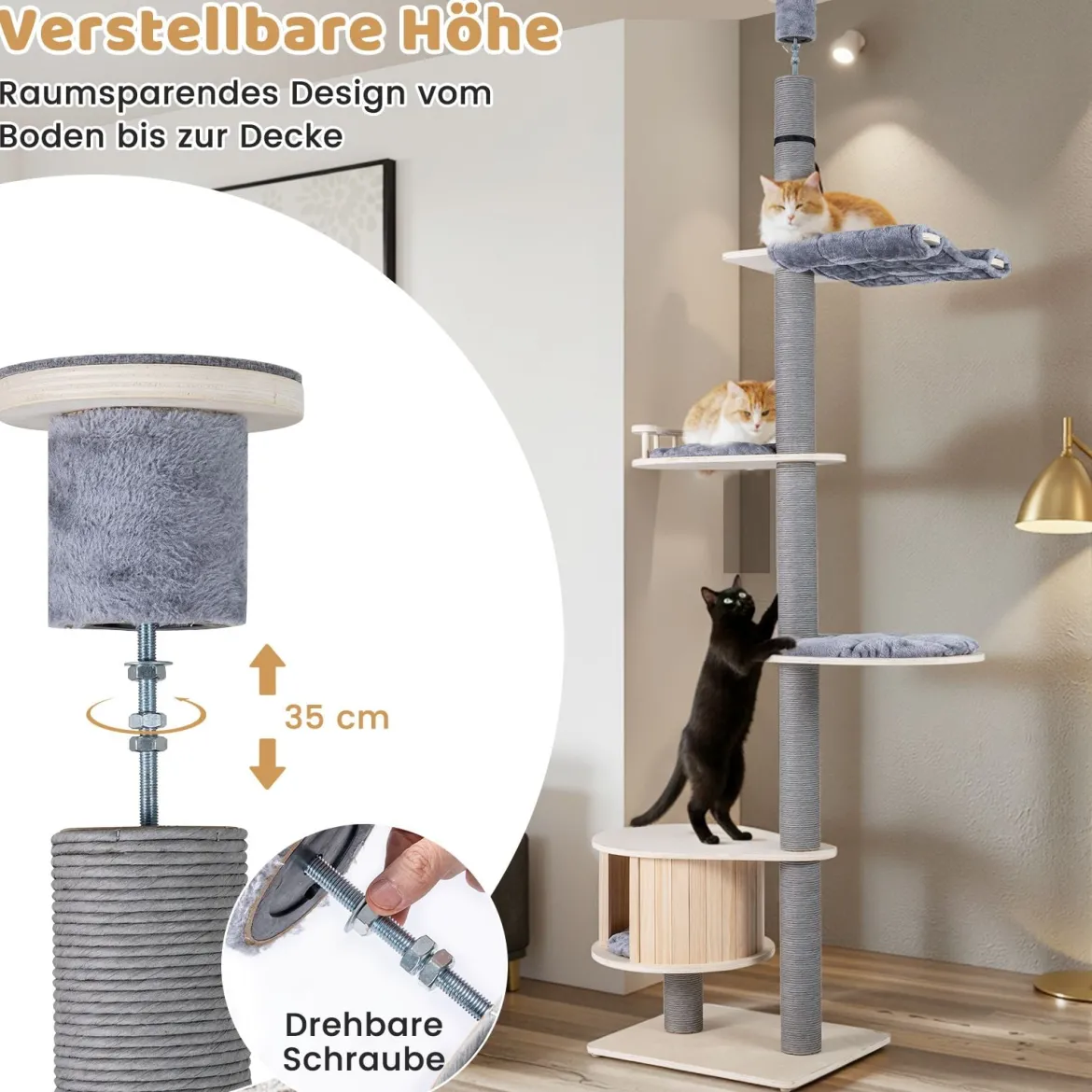 236-271 cm Deckenhoch Kratzbaum mit Hängematte & Plattform & Höhle 5-stöckiger Katzenbaum Grau
