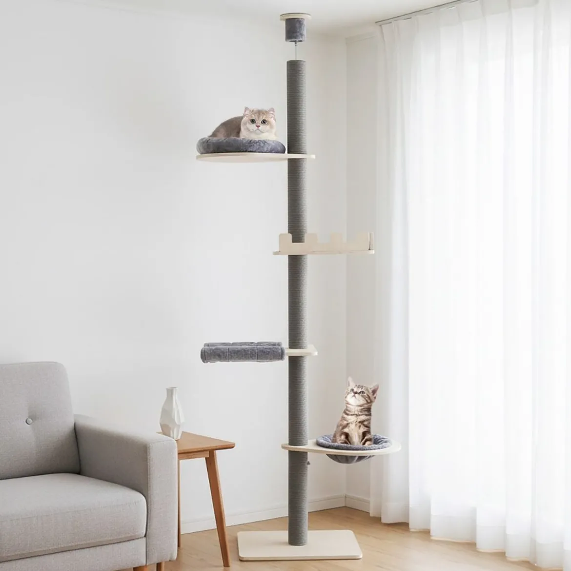236-271 cm Deckenhoch Kratzbaum mit Hängematte & Korb & Bett 5-stöckiger Katzenbaum Grau