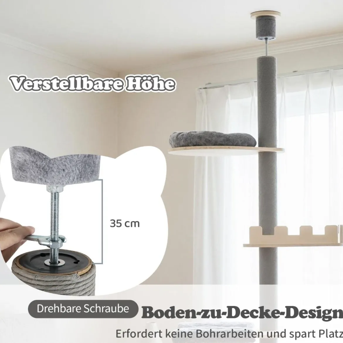 236-271 cm Deckenhoch Kratzbaum mit Hängematte & Korb & Bett 5-stöckiger Katzenbaum Grau