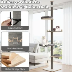 236-271 cm Deckenhoch Kratzbaum mit Hängematte & Korb & Bett 5-stöckiger Katzenbaum Grau
