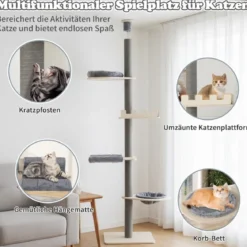 236-271 cm Deckenhoch Kratzbaum mit Hängematte & Korb & Bett 5-stöckiger Katzenbaum Grau