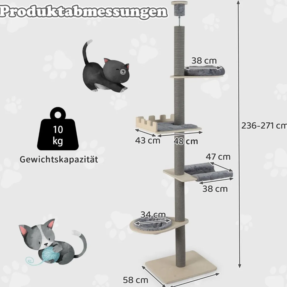 236-271 cm Deckenhoch Kratzbaum mit Hängematte & Korb & Bett 5-stöckiger Katzenbaum Grau