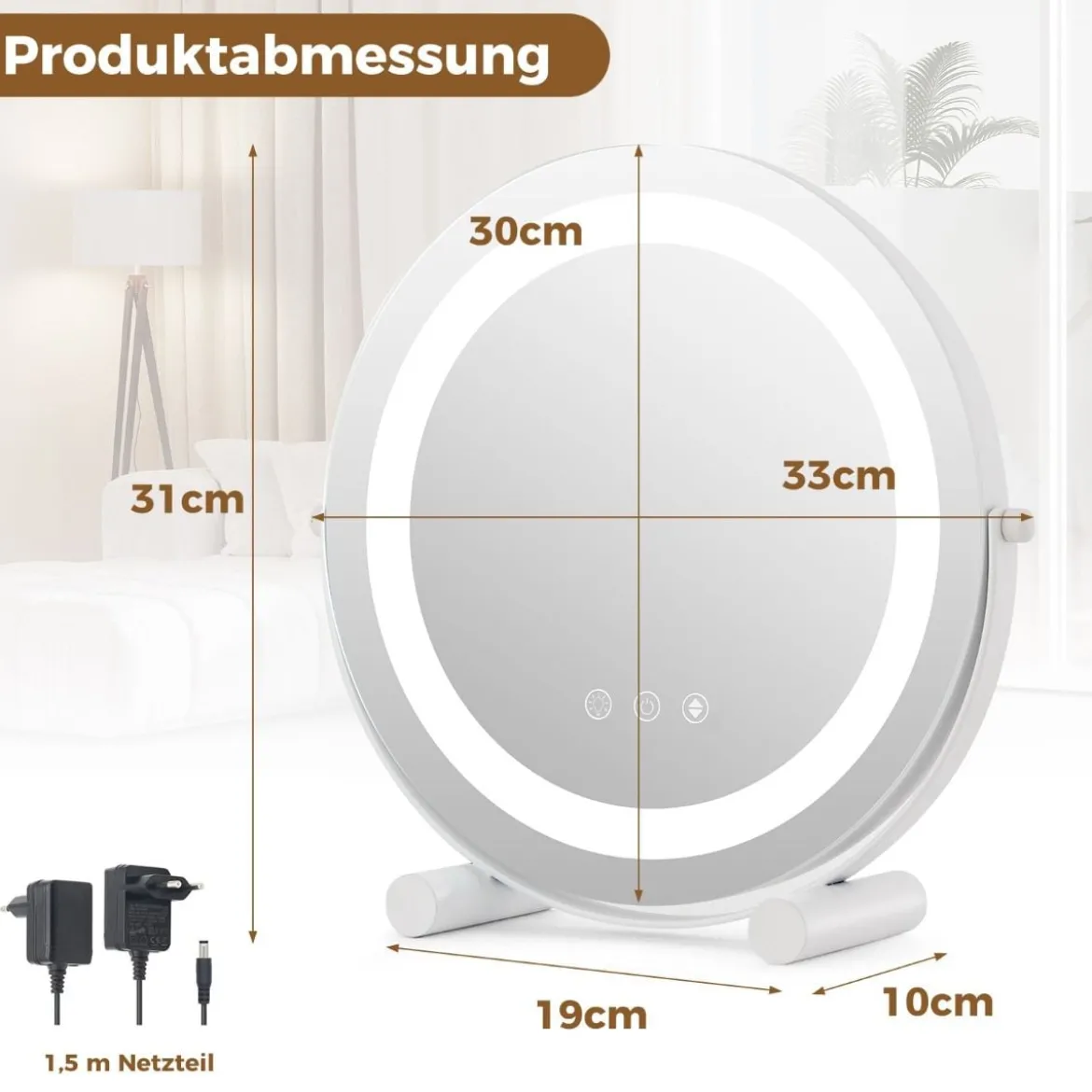 Ø 30 cm Dimmbarer Kosmetikspiegel mit Beleuchtung & Touchschalter & Speicherfunktion