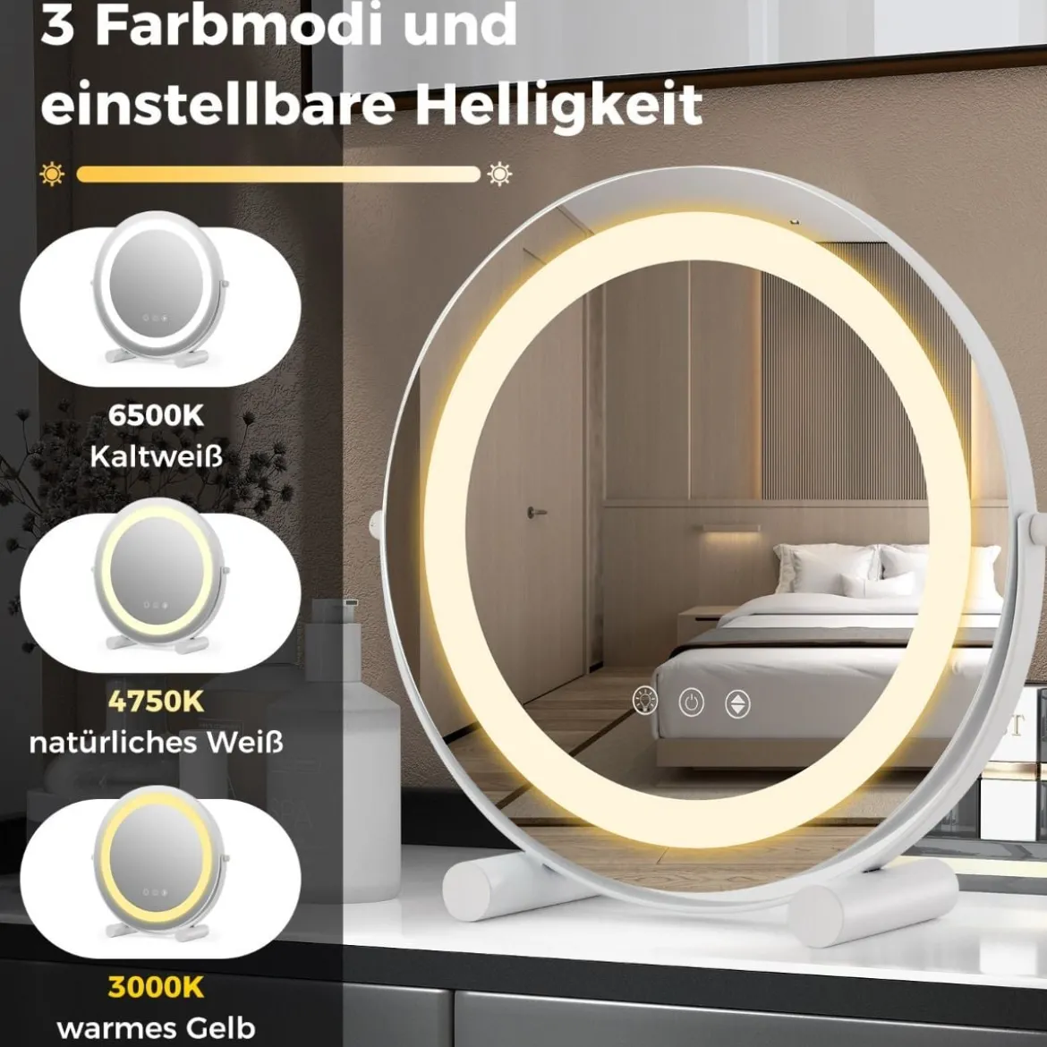 Ø 30 cm Dimmbarer Kosmetikspiegel mit Beleuchtung & Touchschalter & Speicherfunktion