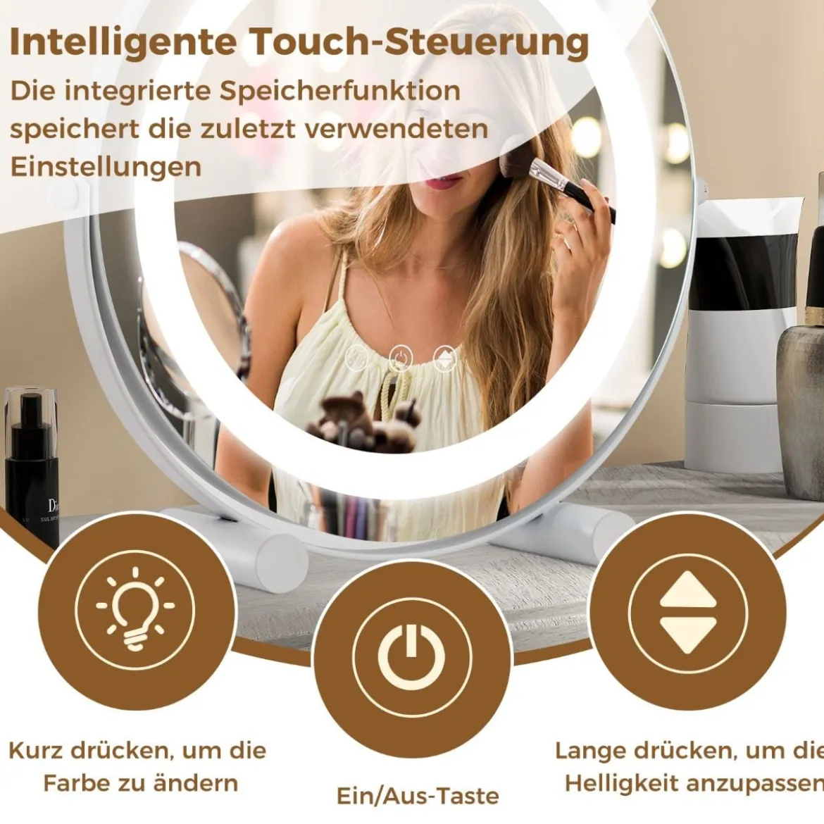 Ø 30 cm Dimmbarer Kosmetikspiegel mit Beleuchtung & Touchschalter & Speicherfunktion