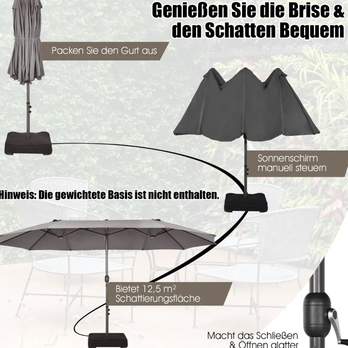 Ø480 cm Doppelsonnenschirm Marktschirm mit Kurbel & UV Schutz Gartenschirm