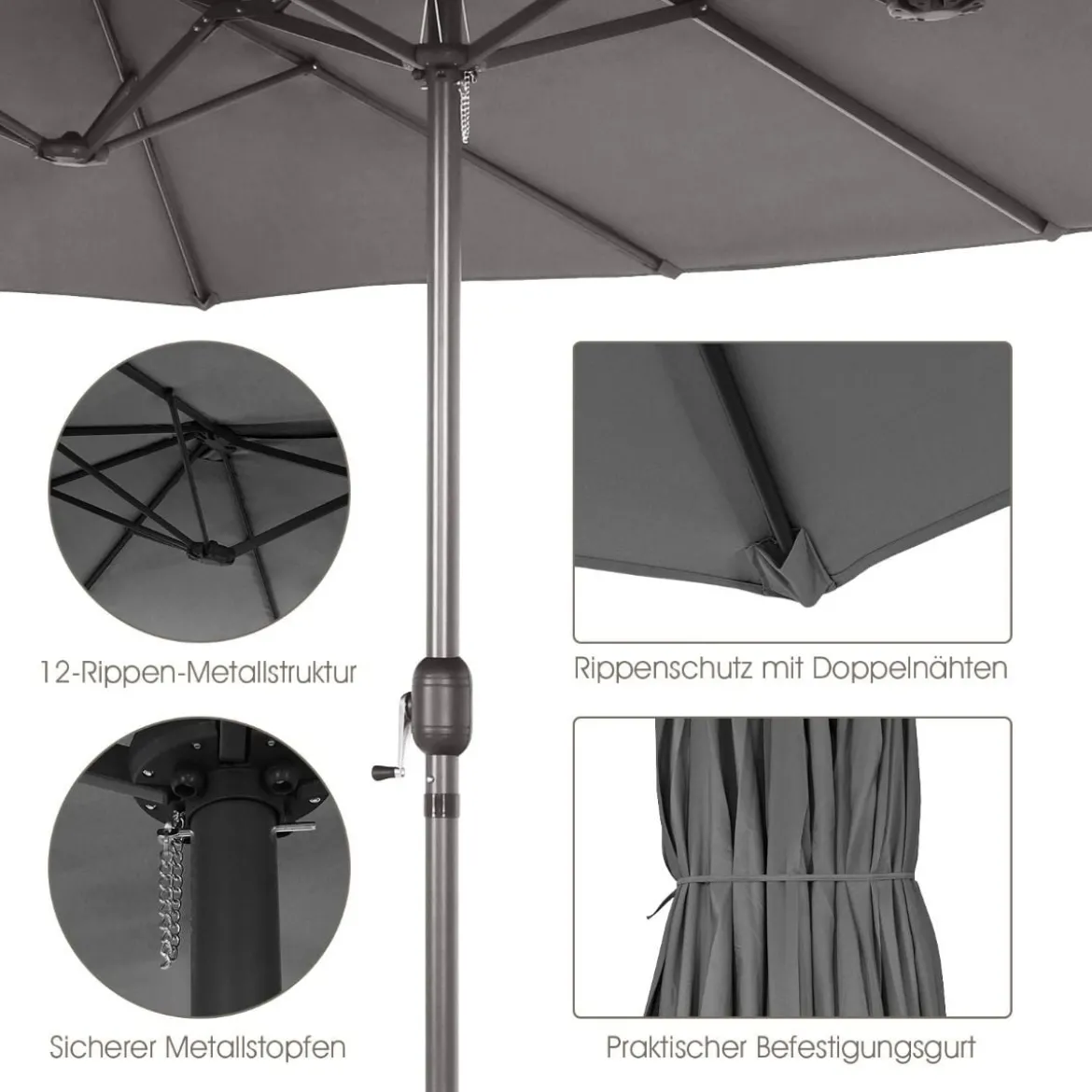 Ø480 cm Doppelsonnenschirm Marktschirm mit Kurbel & UV Schutz Gartenschirm