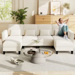 280 cm Ecksofa mit 2 Ottomane U-förmiges modulares Sofa mit USB- & Type-C-Ladeanschlüssen 4-Sitzer Sofa-Set Beige