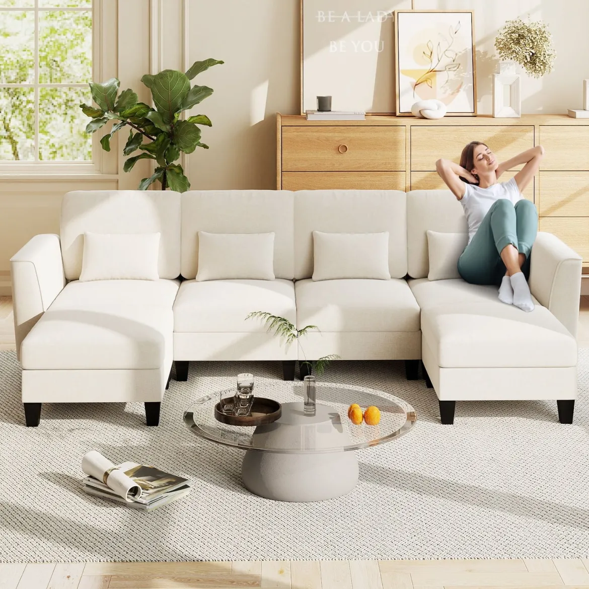 280 cm Ecksofa mit 2 Ottomane U-förmiges modulares Sofa mit USB- & Type-C-Ladeanschlüssen 4-Sitzer Sofa-Set Beige