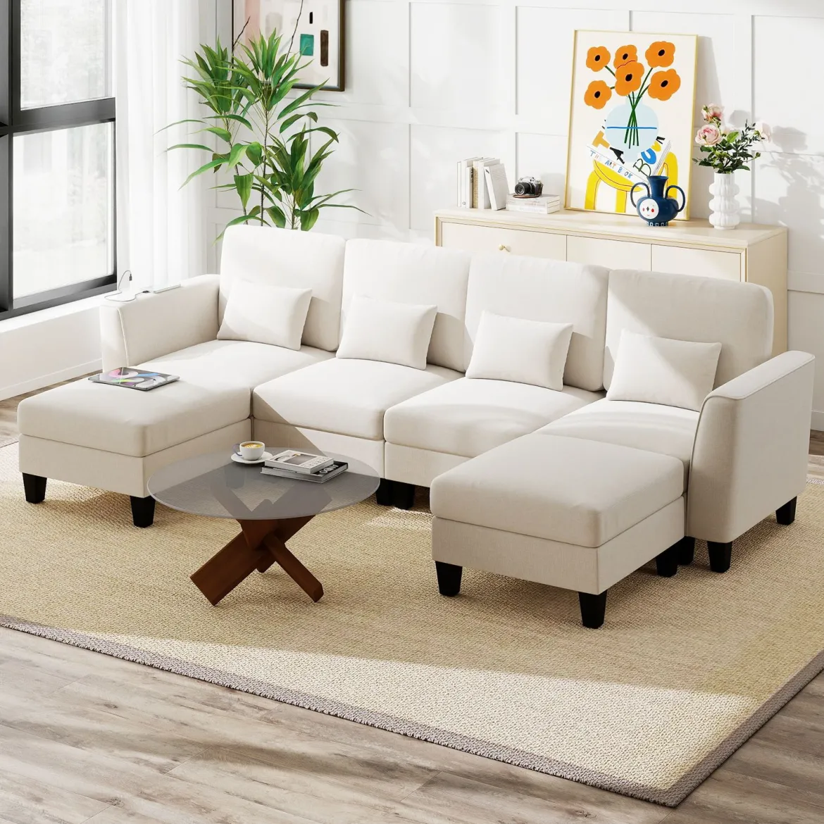 280 cm Ecksofa mit 2 Ottomane U-förmiges modulares Sofa mit USB- & Type-C-Ladeanschlüssen 4-Sitzer Sofa-Set Beige