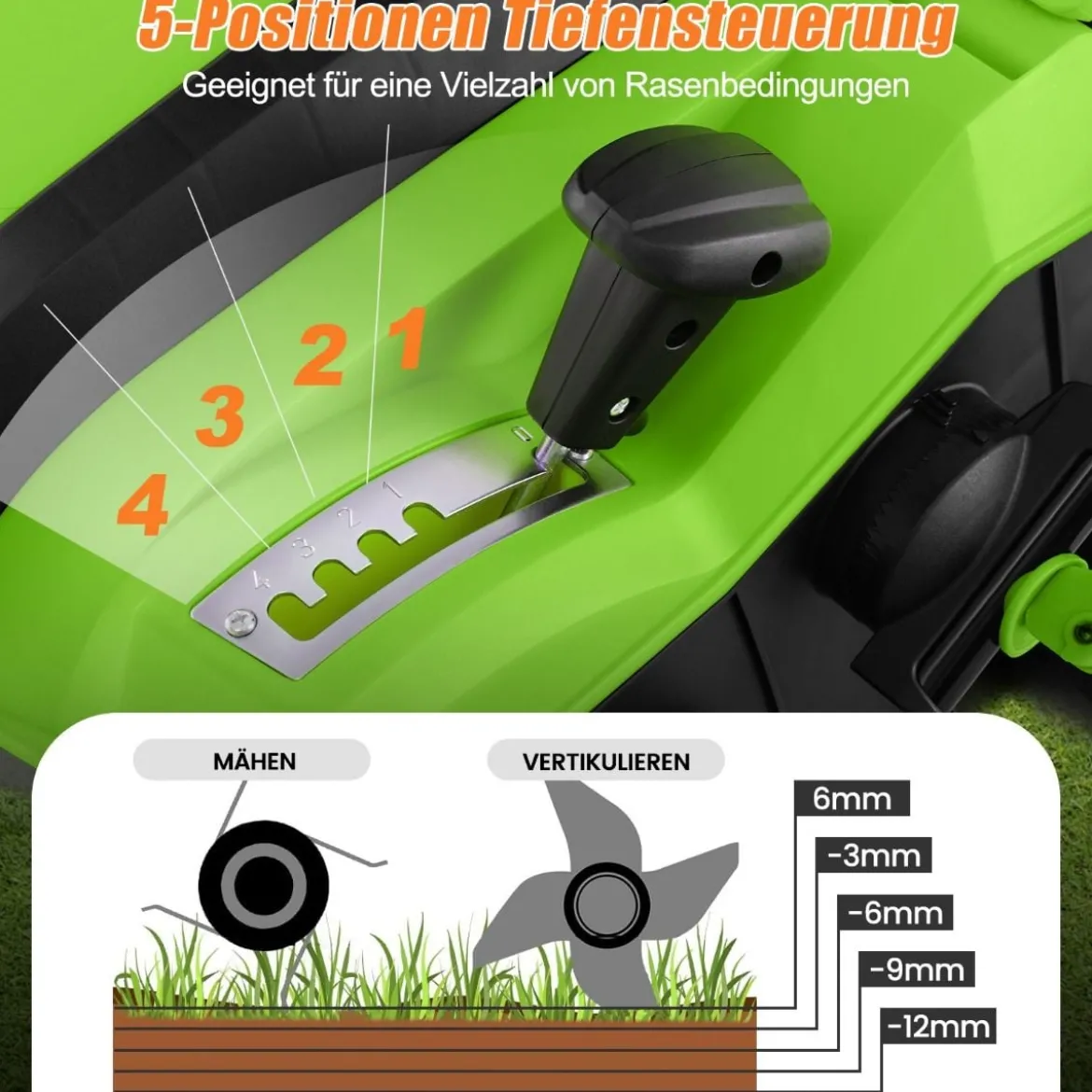 41 cm Elektrischer Vertikutierer & Rasenlüfter 15A 2-in-1 Rasenvertikutierer mit 3-Positionen Höhenverstellung