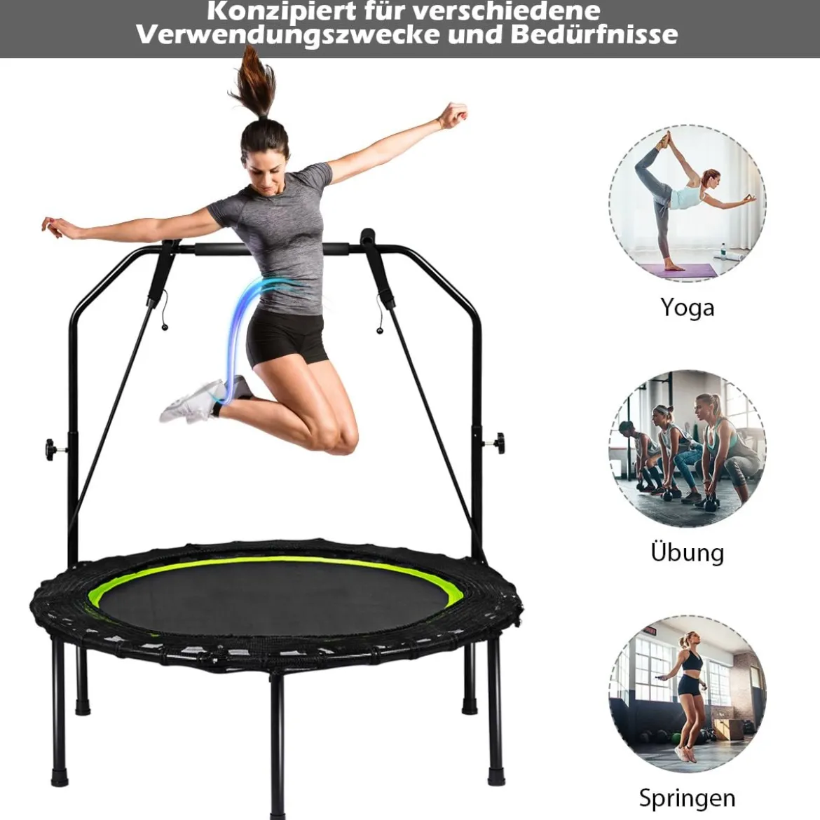 Ø102 cm Faltbares Fitness Trampolin Minitrampolin 109 - 129 cm Höhenverstellbar Schwarz + Grün