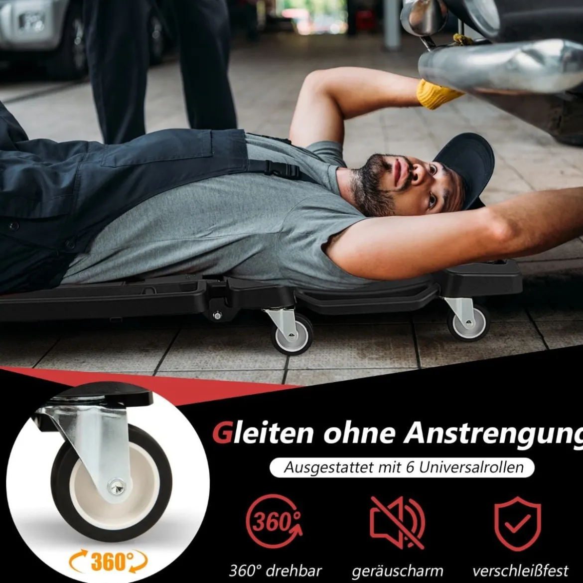 108 cm faltbares Rollbrett Werkstatt Montagerollbrett mit gepolstertem Kopfstütze Schwarz