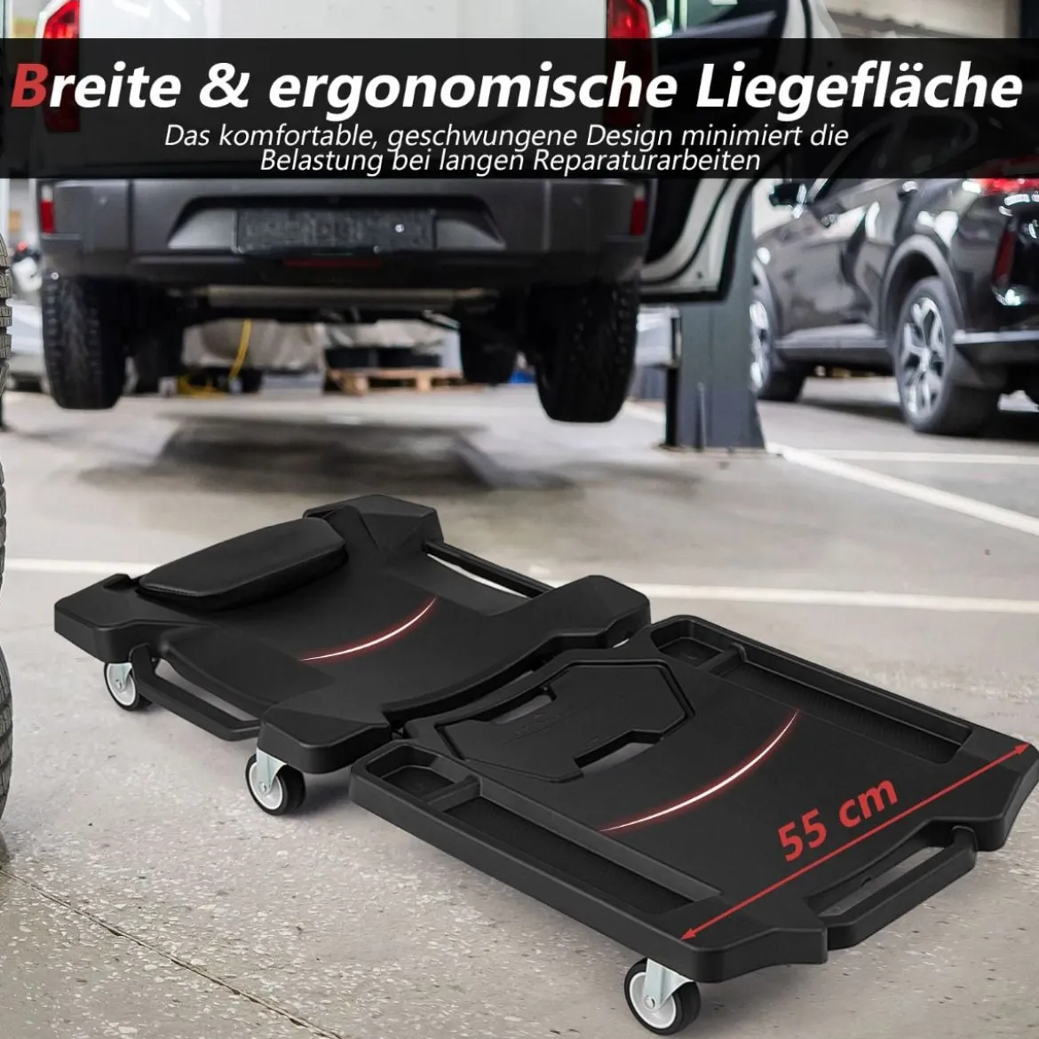 108 cm faltbares Rollbrett Werkstatt Montagerollbrett mit gepolstertem Kopfstütze Schwarz