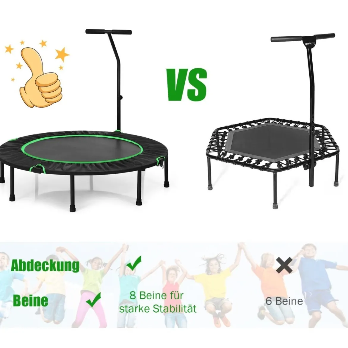 Ø120 cm Faltbares Trampolin Fitness-Trampolin mit verstellbarem Griff Grün + Schwarz