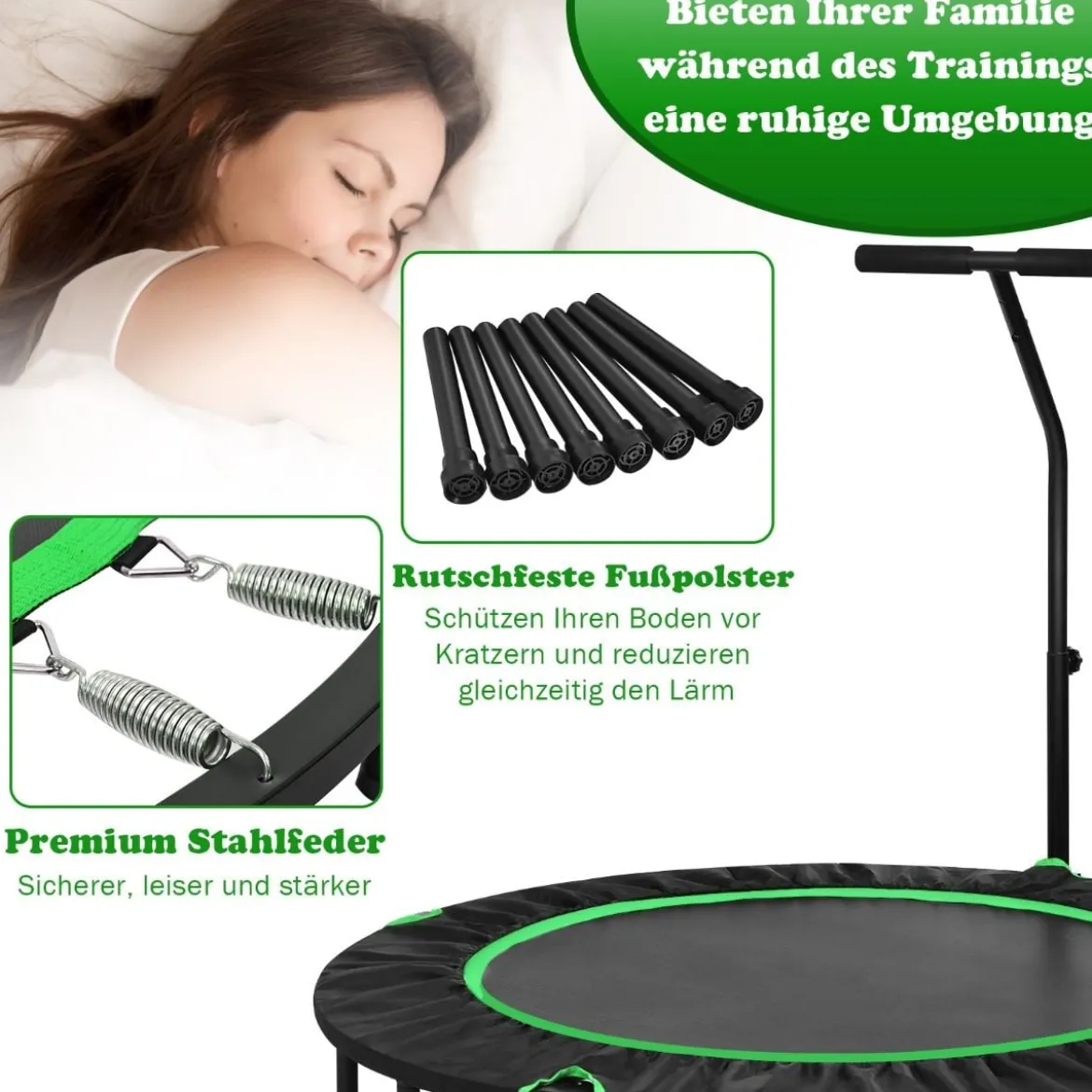 Ø120 cm Faltbares Trampolin Fitness-Trampolin mit verstellbarem Griff Grün + Schwarz