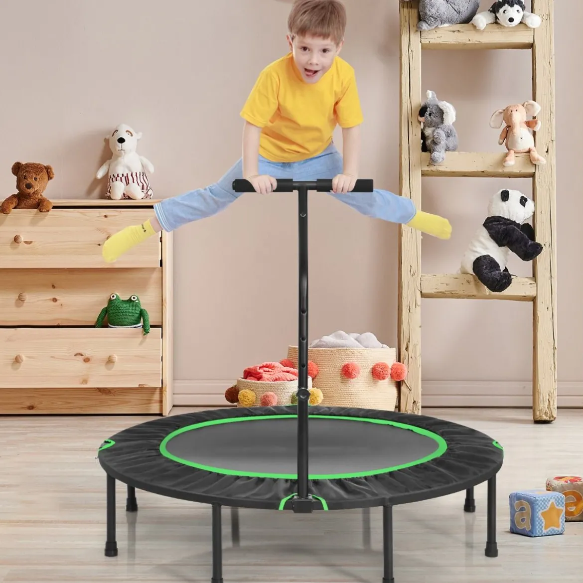 Ø120 cm Faltbares Trampolin Fitness-Trampolin mit verstellbarem Griff Grün + Schwarz