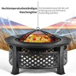 φ 81 cm Feuerschale mit Grillrost & Funkenschutz & Schürhaken Feuerstelle Feuerkorb Schwarz