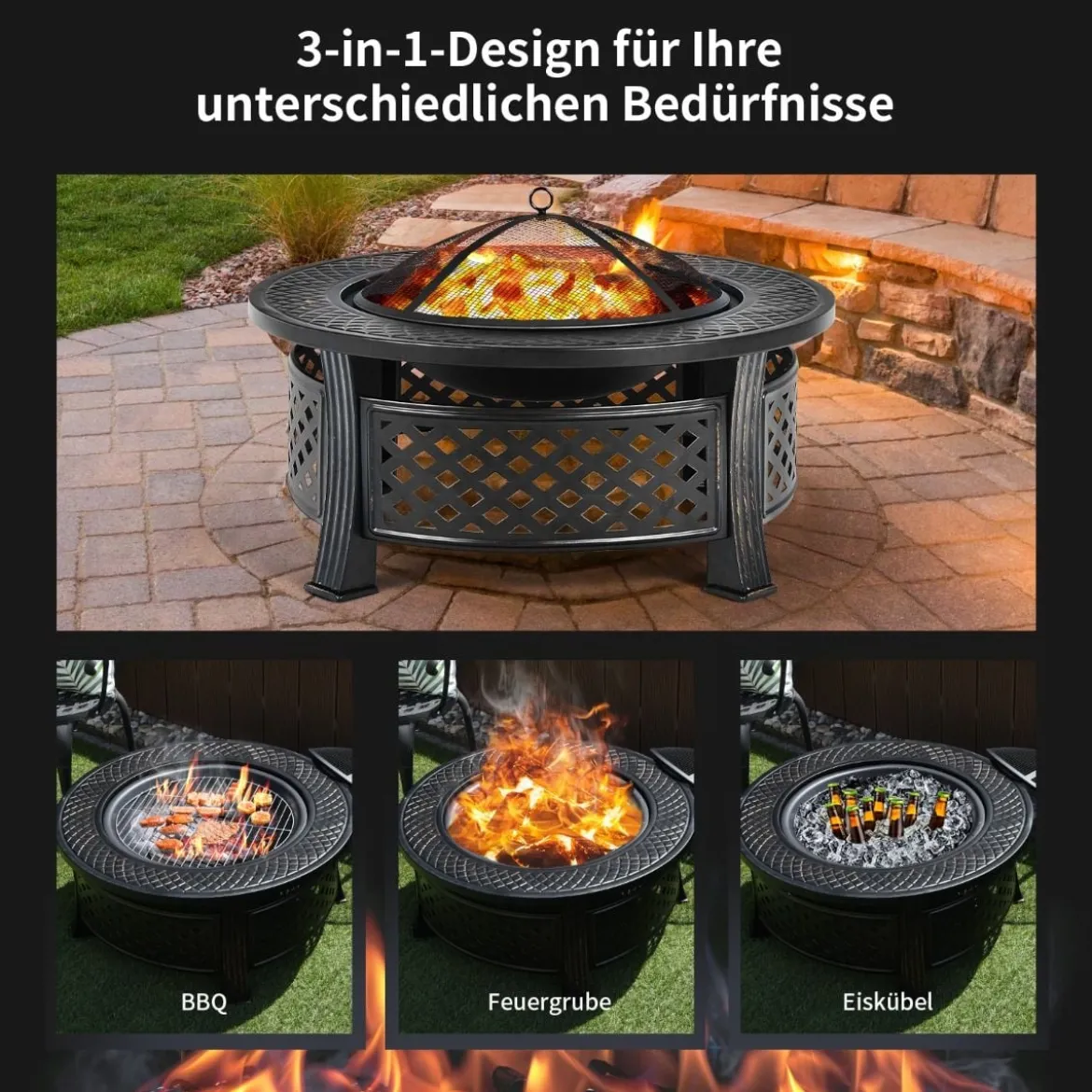 φ 81 cm Feuerschale mit Grillrost & Funkenschutz & Schürhaken Feuerstelle Feuerkorb Schwarz