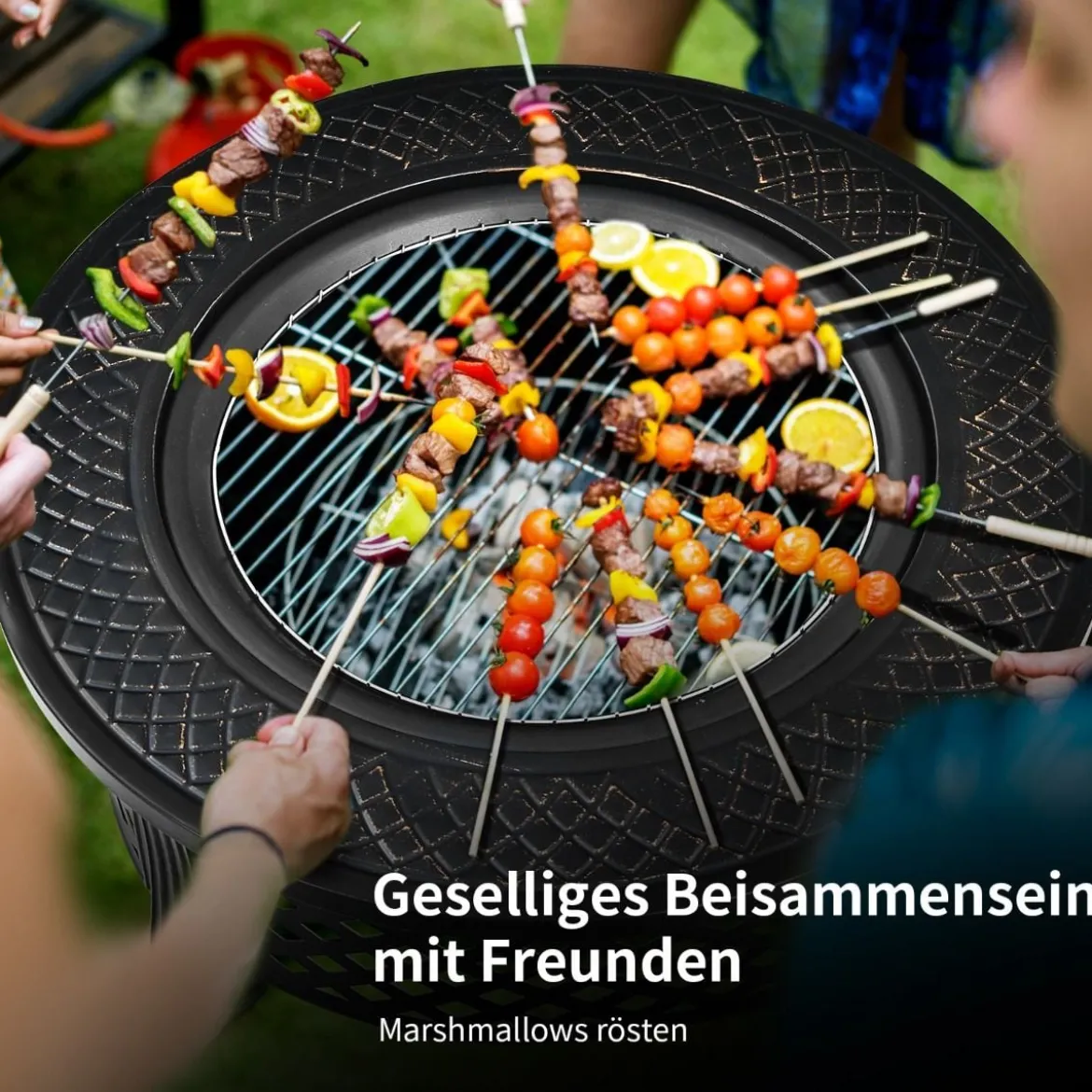 φ 81 cm Feuerschale mit Grillrost & Funkenschutz & Schürhaken Feuerstelle Feuerkorb Schwarz