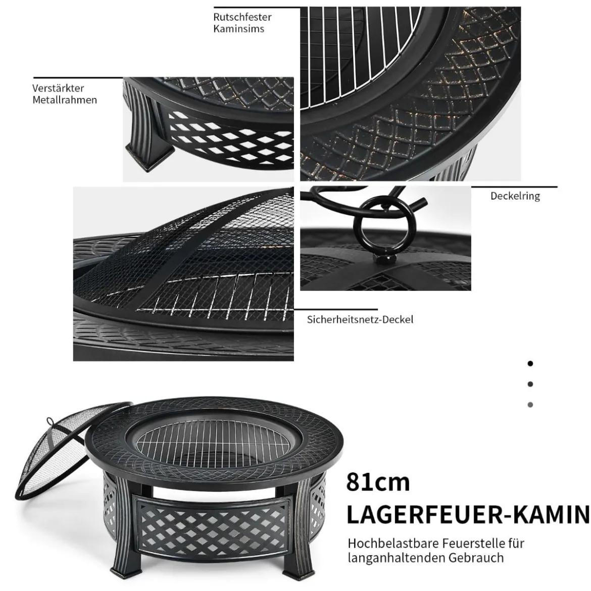 φ 81 cm Feuerschale mit Grillrost & Funkenschutz & Schürhaken Feuerstelle Feuerkorb Schwarz