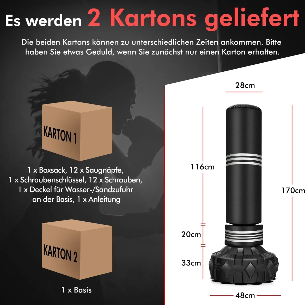 170cm Freistehender Boxsack Schwerer Boxsack mit Standfuß für Erwachsene Jugendliche und Kinder Schwarz