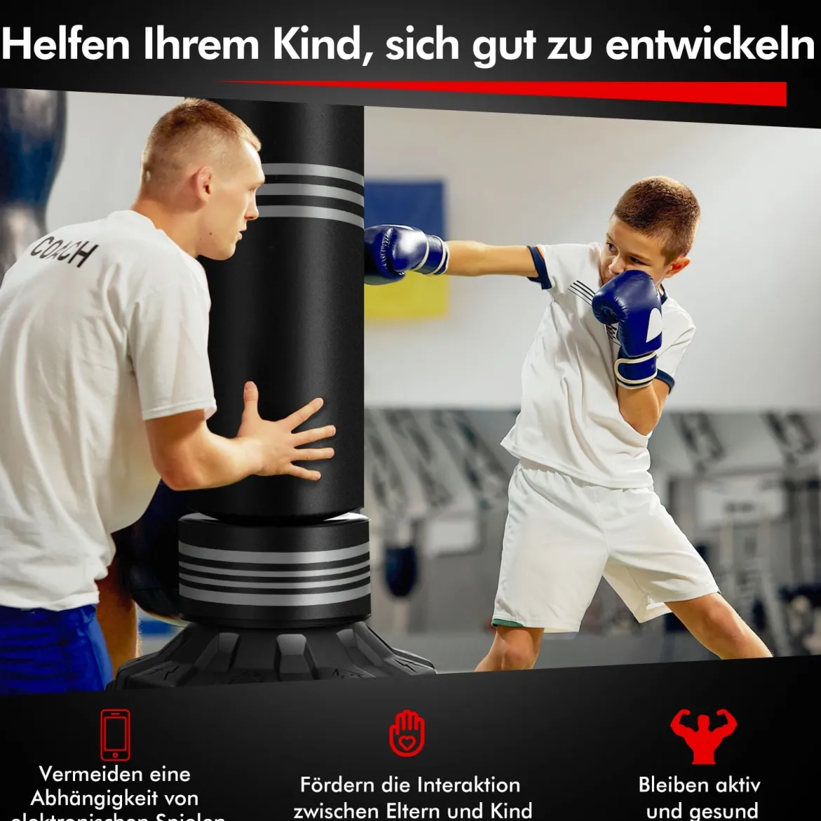 170cm Freistehender Boxsack Schwerer Boxsack mit Standfuß für Erwachsene Jugendliche und Kinder Schwarz