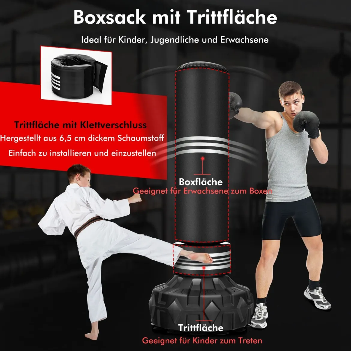 170cm Freistehender Boxsack Schwerer Boxsack mit Standfuß für Erwachsene Jugendliche und Kinder Schwarz