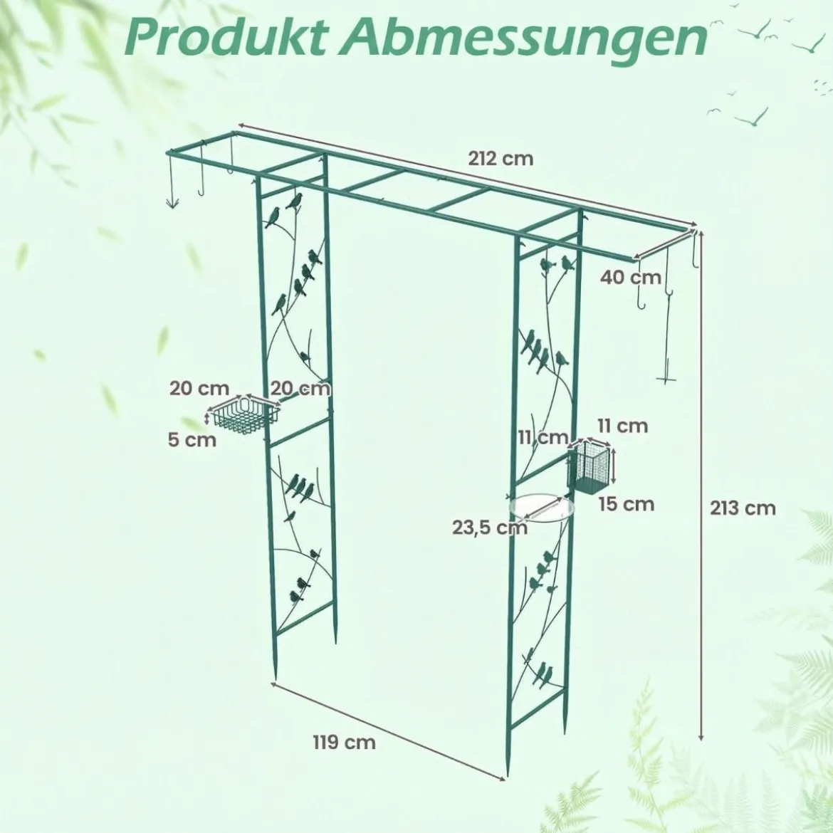 213 cm Gartenlauben-Futterstation robuster Gartenbogen mit Wasserschale Gittertablett Fettfutterspender Grün