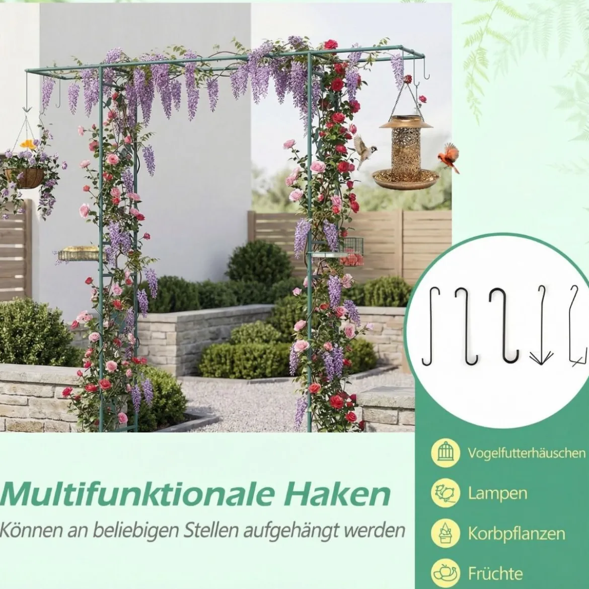 213 cm Gartenlauben-Futterstation robuster Gartenbogen mit Wasserschale Gittertablett Fettfutterspender Grün