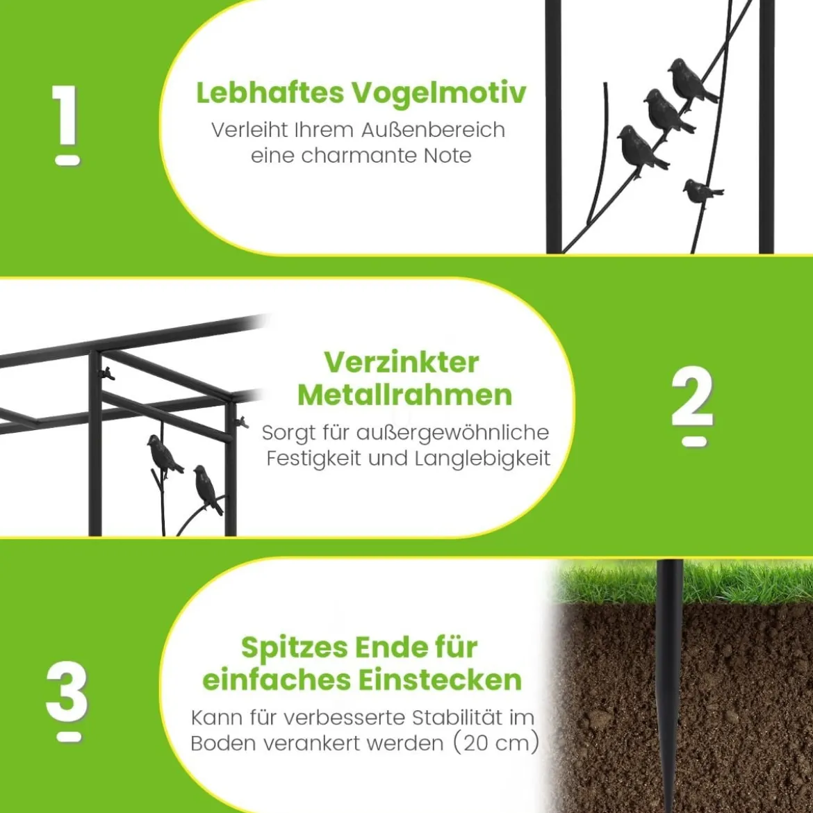 213 cm Gartenlauben-Futterstation robuster Gartenbogen mit Wasserschale Gittertablett Fettfutterspender Schwarz